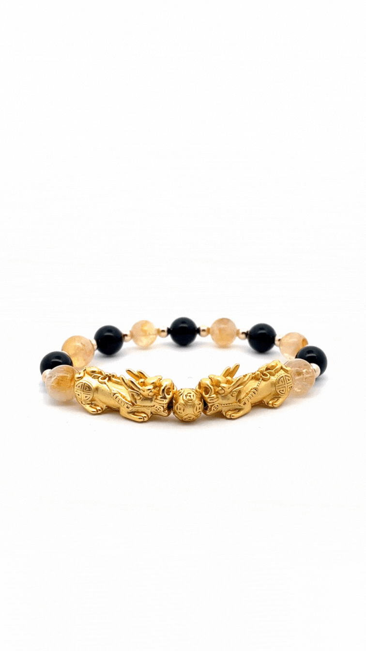 Natural Citrine and Black Obsidian 18k Gold Vermeil Double Pixiu Feng Shui Bracelet