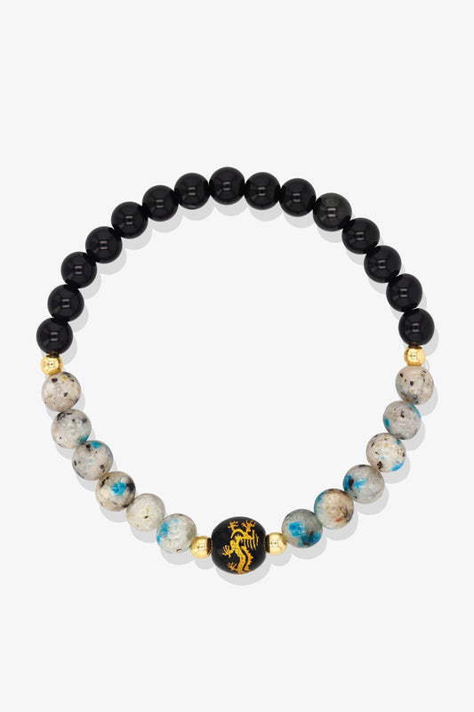 Aquamarine and Black Obsidian Lucky Dragon Feng Shui Bracelet REAL Gold - Serenity