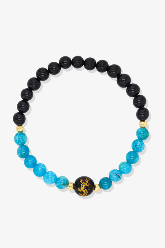 Turquoise and Black Obsidian Lucky Dragon Feng Shui Bracelet REAL Gold - Harmony