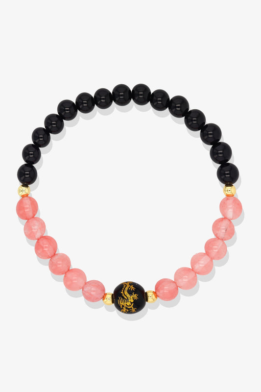 Aquamarine and Black Obsidian Lucky Dragon Feng Shui Bracelet REAL Gold - Serenity