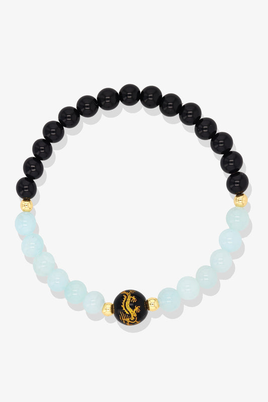 Blue Apatite and Black Obsidian Lucky Dragon Feng Shui Bracelet REAL Gold - Expression