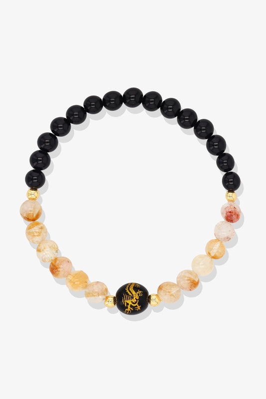 Cherry Quartz and Black Obsidian Lucky Dragon Feng Shui Bracelet REAL Gold - Love
