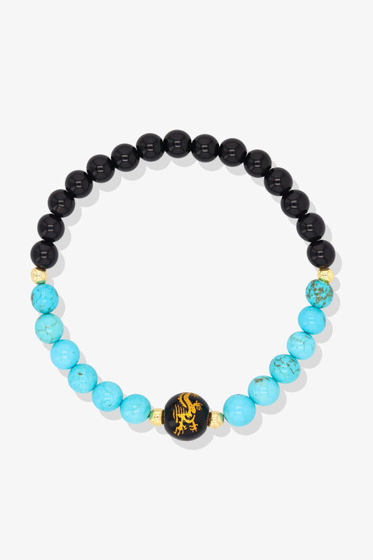 Turquoise and Black Obsidian Lucky Dragon Feng Shui Bracelet REAL Gold - Harmony