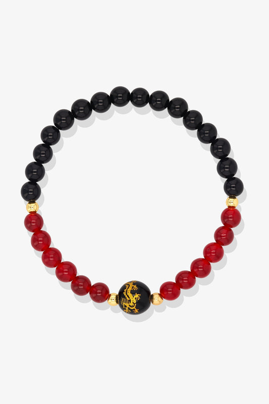 Cherry Quartz and Black Obsidian Lucky Dragon Feng Shui Bracelet REAL Gold - Love