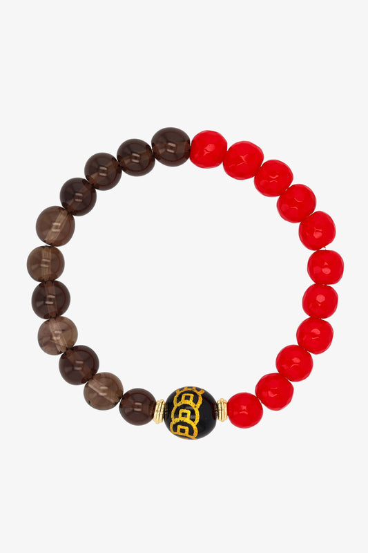 Smoky Quartz and Red Jade Money Coin Bracelet - Attract Protection
