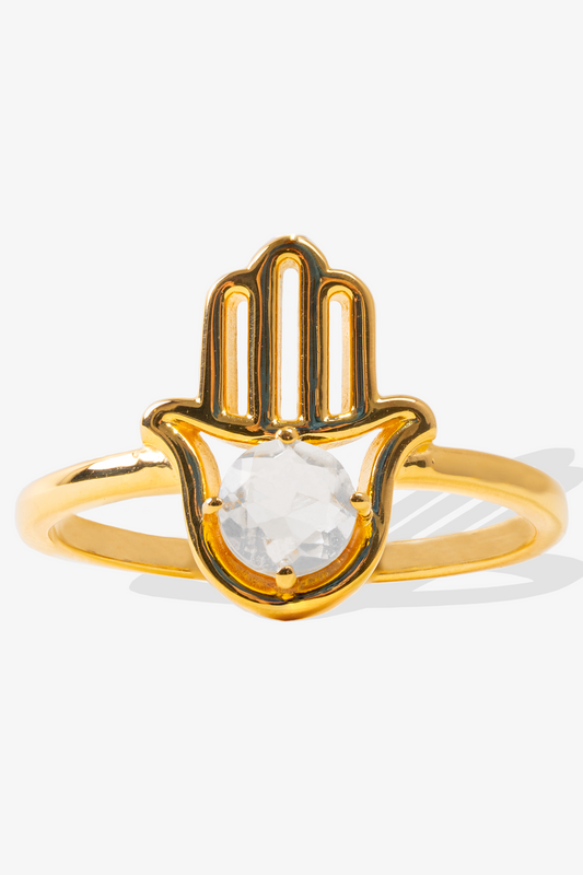 Genuine Libyan Desert Glass Hamsa 18k Gold Vermeil Ring