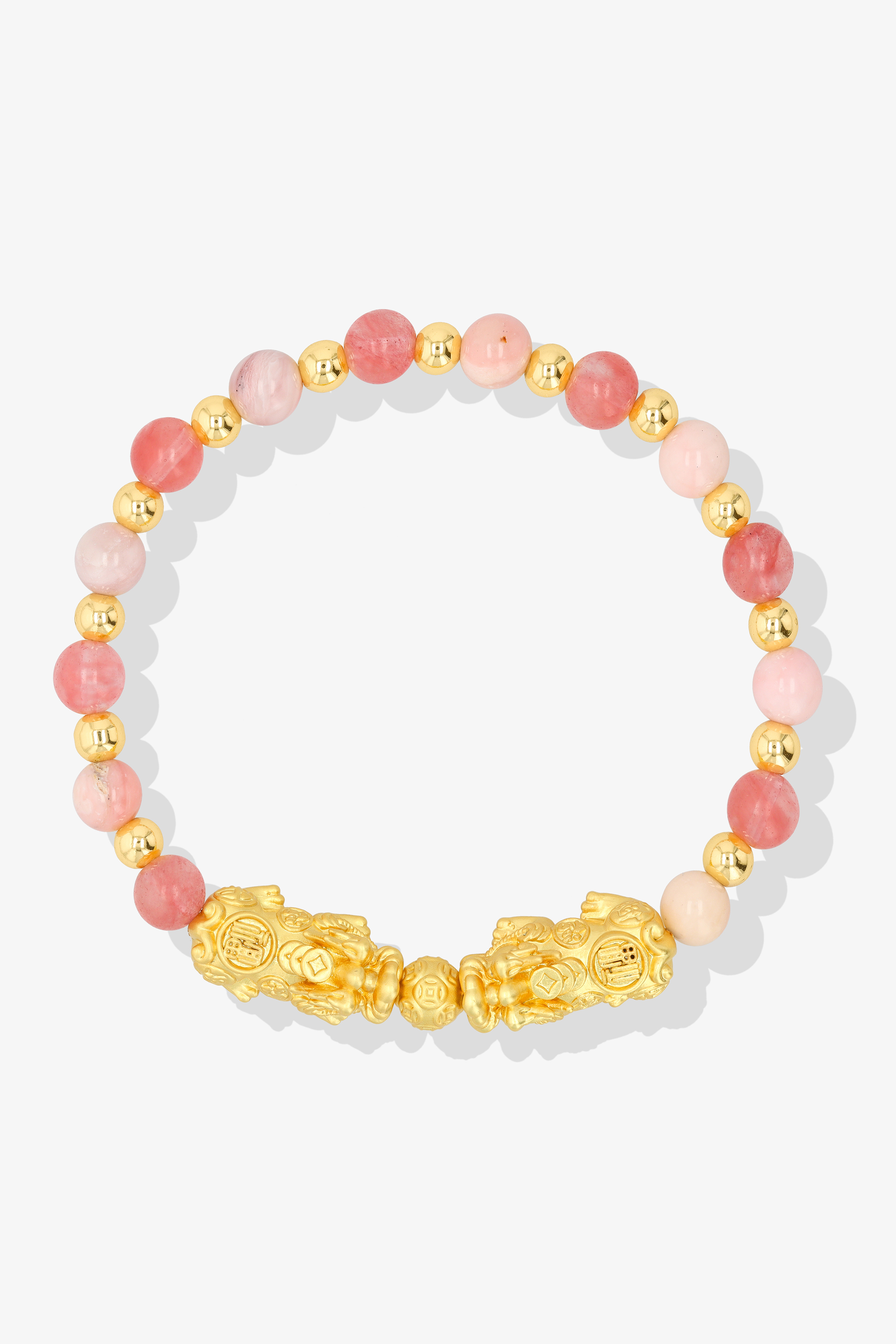 Pink Opal and Cherry Quartz 18k Gold Vermeil Double Pixiu Feng Shui Bracelet