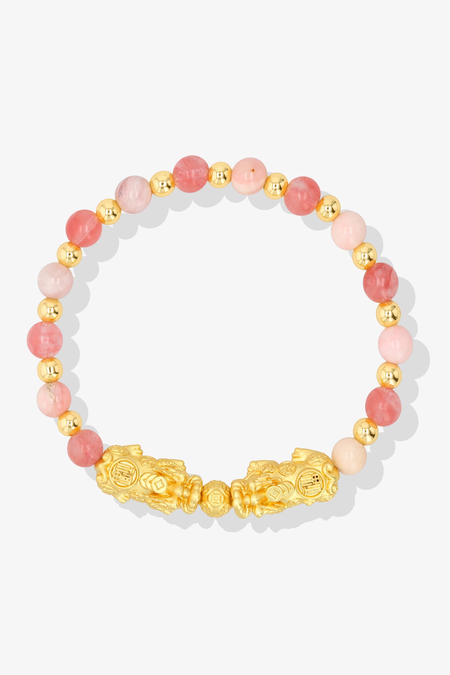 Pink Opal and Cherry Quartz 18k Gold Vermeil Double Pixiu Feng Shui Bracelet