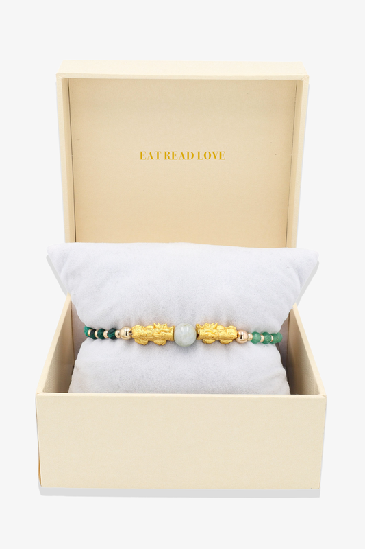 Multiple Fortune Double Pixiu and Jade Feng Shui Bracelet 18K Gold Vermeil