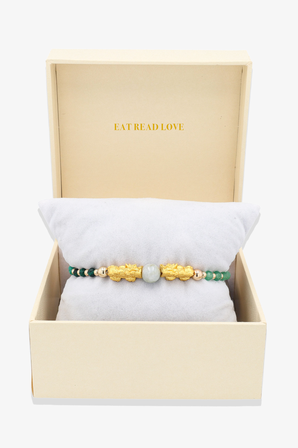 Multiple Fortune Double Pixiu and Jade Feng Shui Bracelet 18K Gold Vermeil