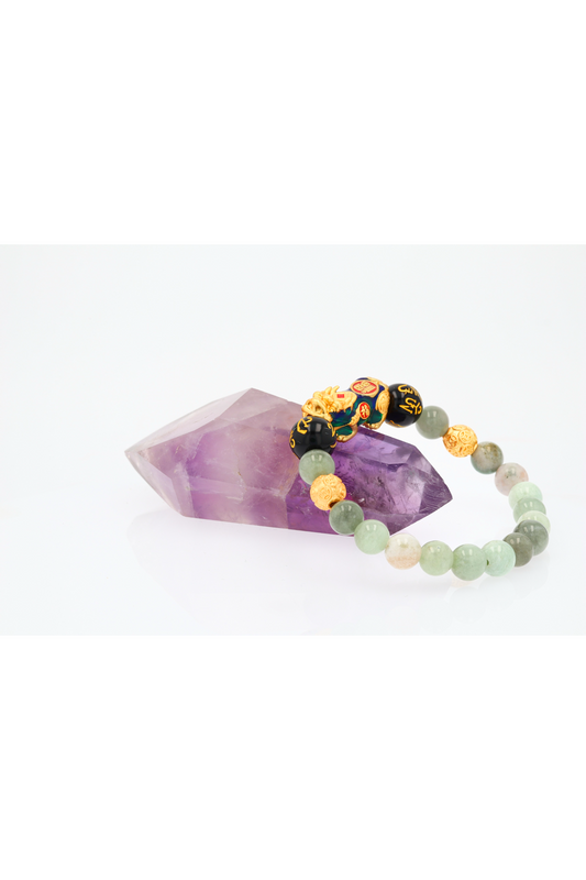 Lucky Wealth Jade Pixiu with Protection Mantra Bracelet