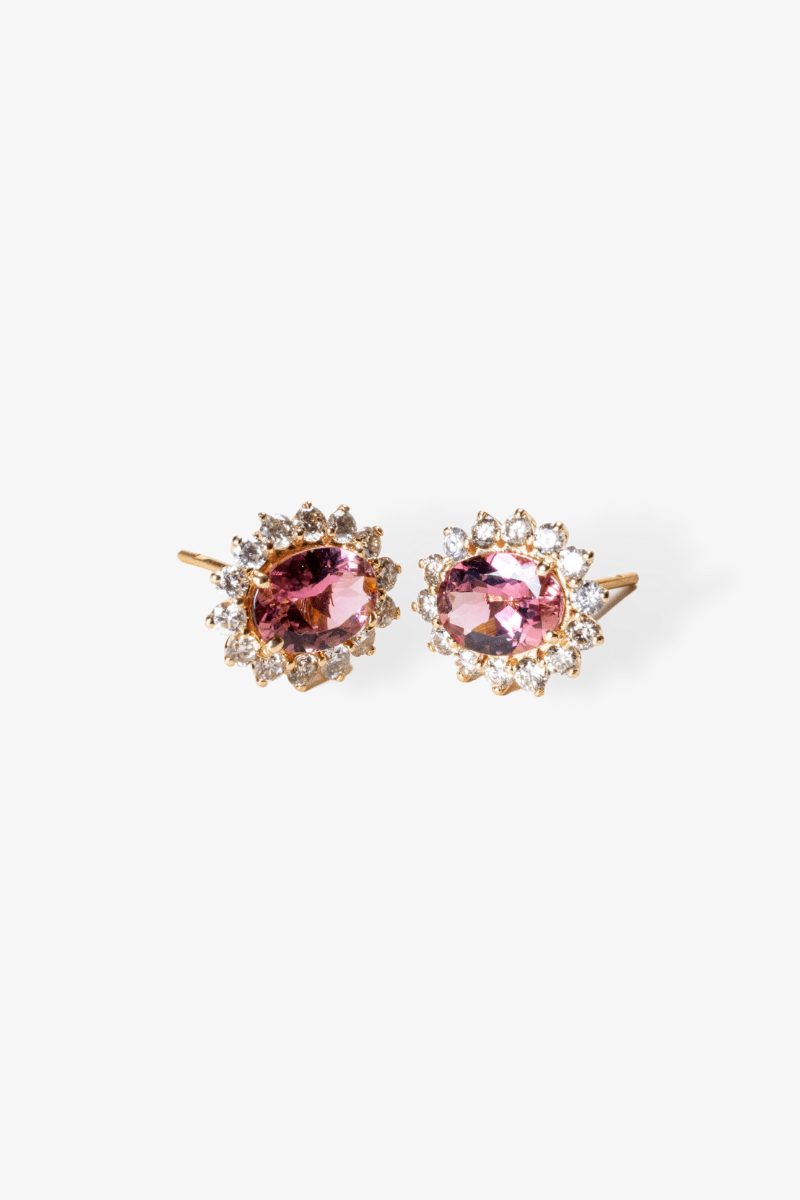 18k REAL Yellow Gold Pink Tourmaline Crystal Earrings With Diamonds - Eat.Read.Love.