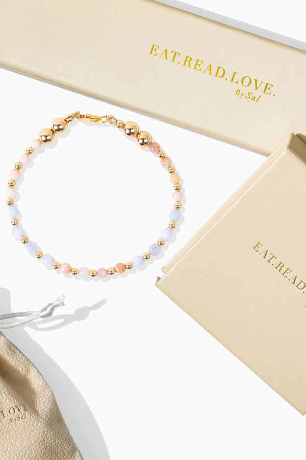 Self Love Spiritual Bracelet with REAL Gold - Blue Lace Agate and Pink Opal