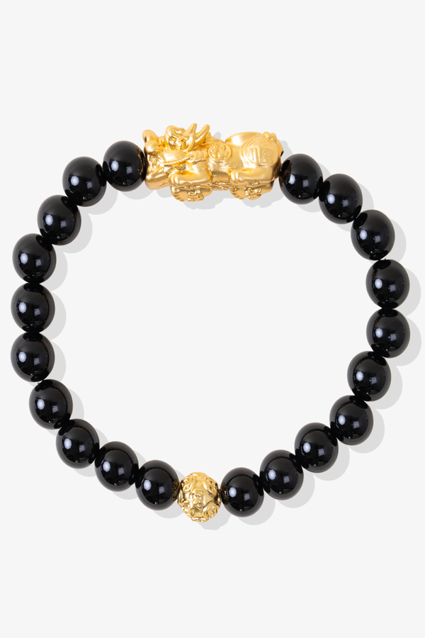 Black Obsidian Fortune 14K Gold Pixiu Feng Shui Bracelet