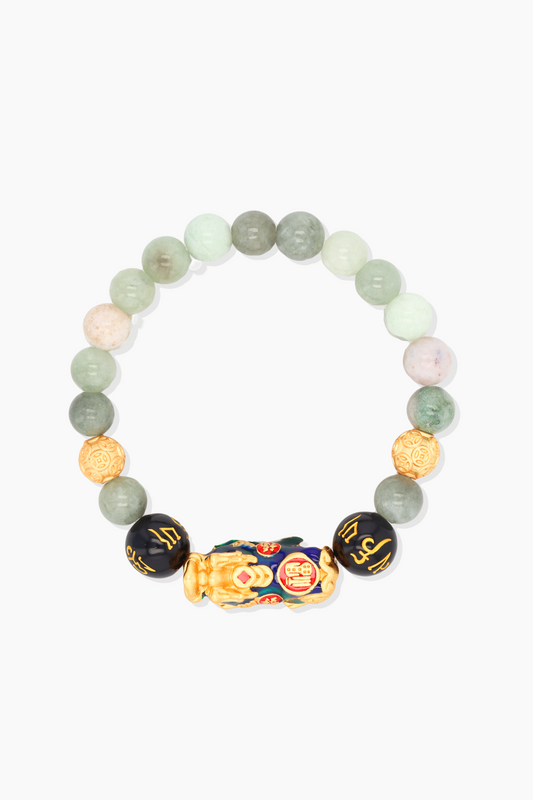 Lucky Wealth Jade Pixiu with Protection Mantra Bracelet
