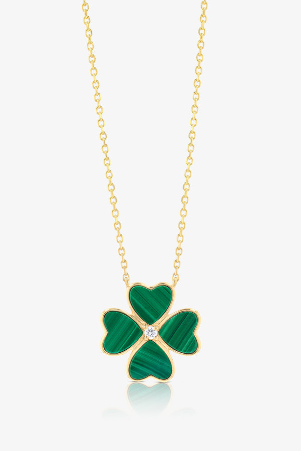 Malachite Alhambra Heart Clover REAL Gold Necklace With Diamond