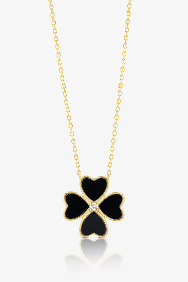 Black Onyx Alhambra Heart Clover REAL Gold Necklace With Diamond