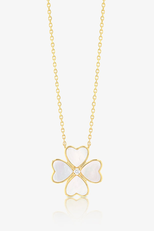 Mother of Pearl White Alhambra Heart Clover REAL Gold Necklace With Diamond