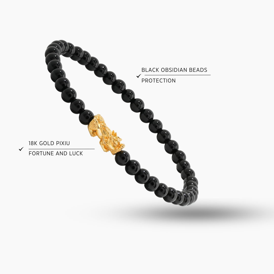Black Obsidian 18k REAL Gold Feng Shui Pixiu Bracelet