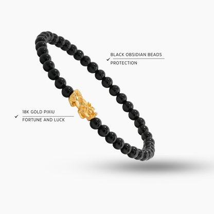 Black Obsidian 18k REAL Gold Feng Shui Pixiu Bracelet