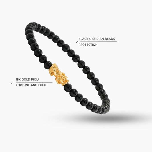Black Obsidian 18k REAL Gold Feng Shui Pixiu Bracelet