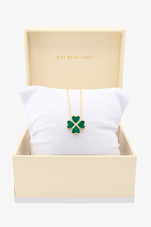 Malachite Alhambra Heart Clover REAL Gold Necklace With Diamond