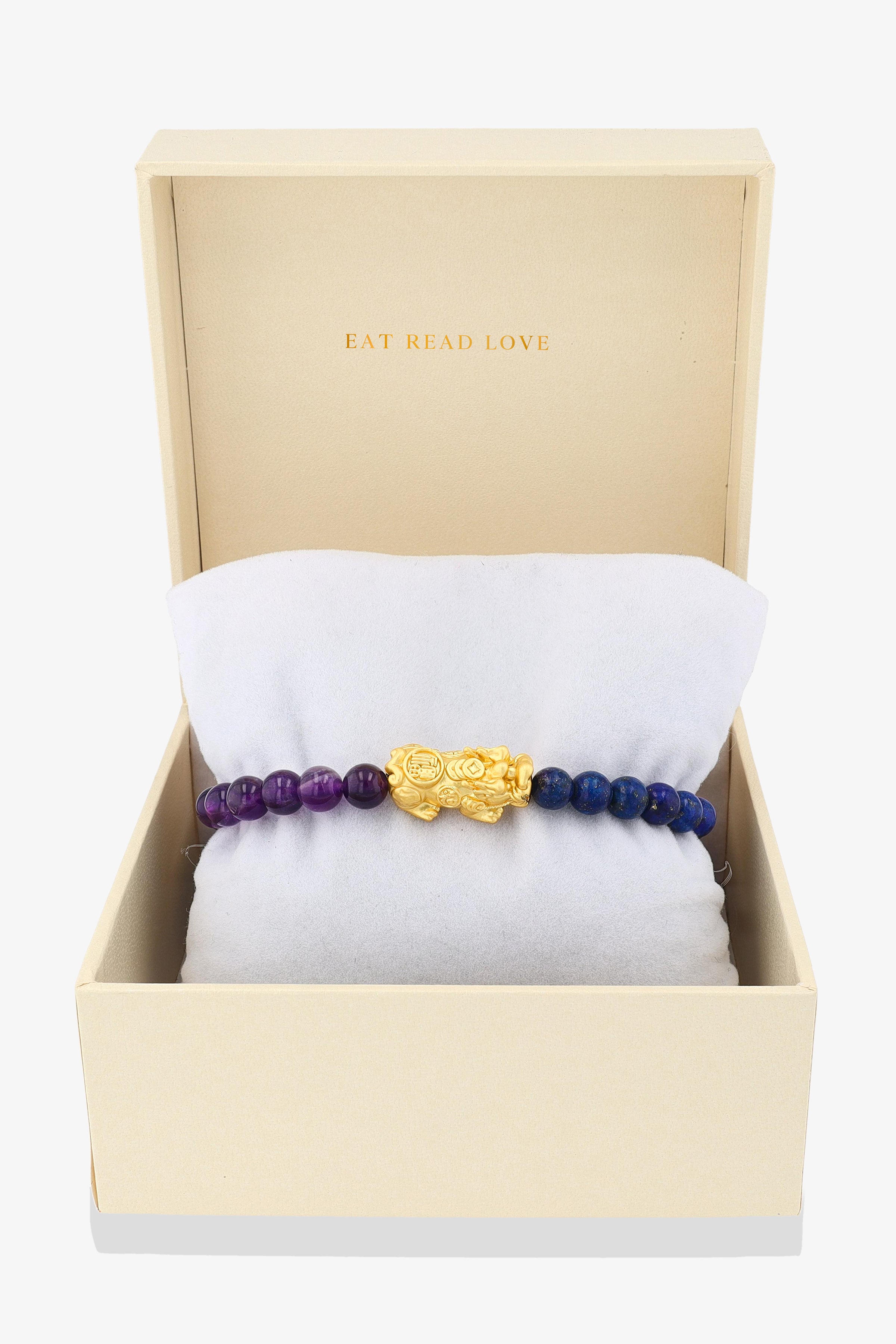 Lapis Lazuli and Grade A Amethyst Mega Fortune 14K Gold Pixiu Feng Shui Bracelet