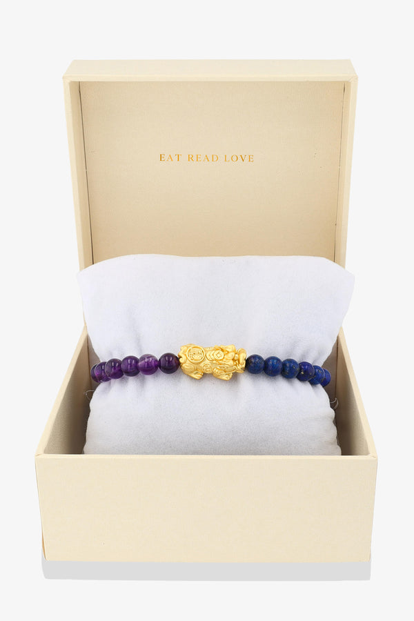 Lapis Lazuli and Grade A Amethyst Mega Fortune 18k Gold Vermeil Pixiu Feng Shui Bracelet