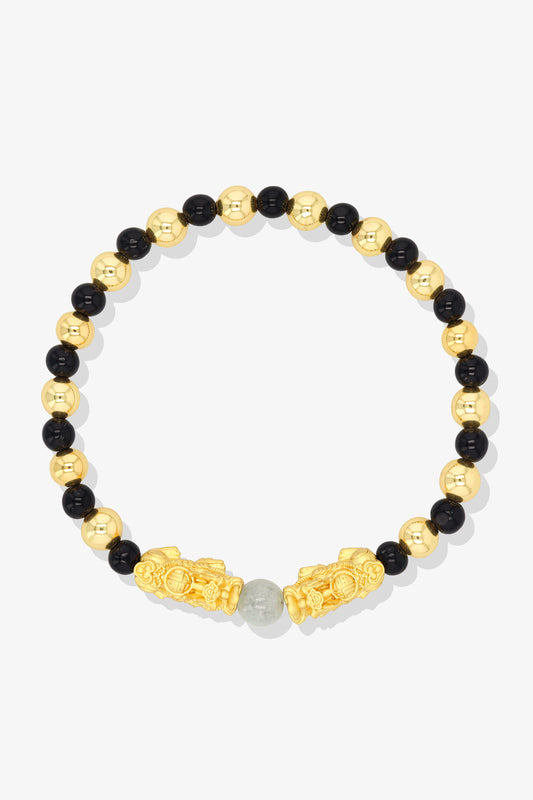 Black Obsidian and Jade Gold Vermeil Mini Pixiu Feng Shui Bracelet