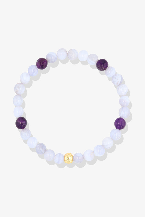 Gemini Blue Lace Agate and Amethyst Crystal Bracelet with REAL Gold