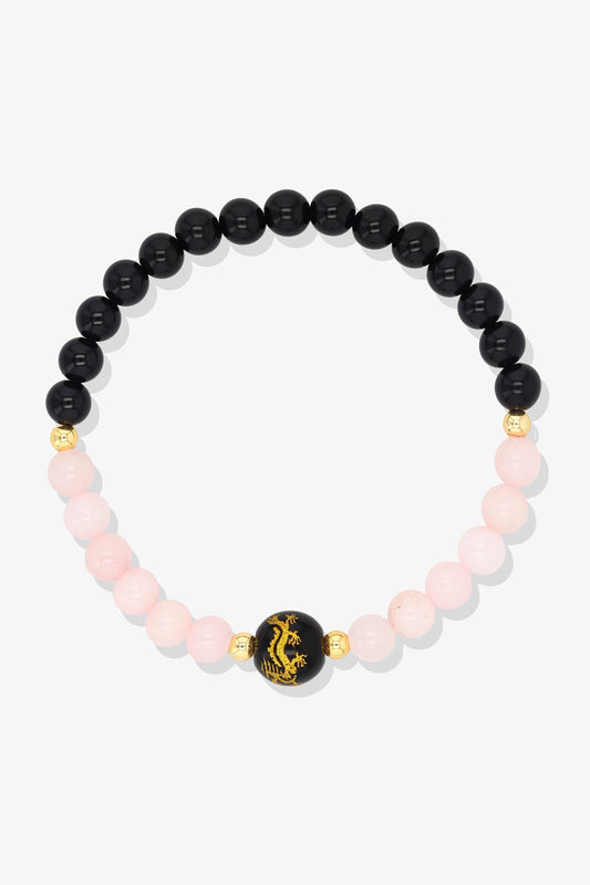 Pink Opal and Black Obsidian Lucky Dragon Feng Shui Bracelet REAL Gold - Compassion