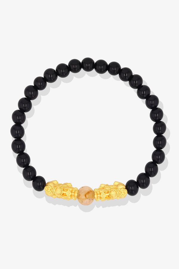 Black Obsidian Protection 14K Gold Double Fortune Pixiu Feng Shui Bracelet