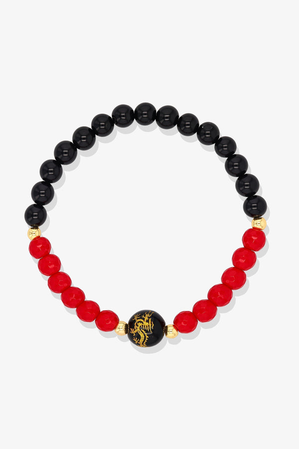 Red Jade and Black Obsidian Lucky Dragon Feng Shui Bracelet REAL Gold - Motivation