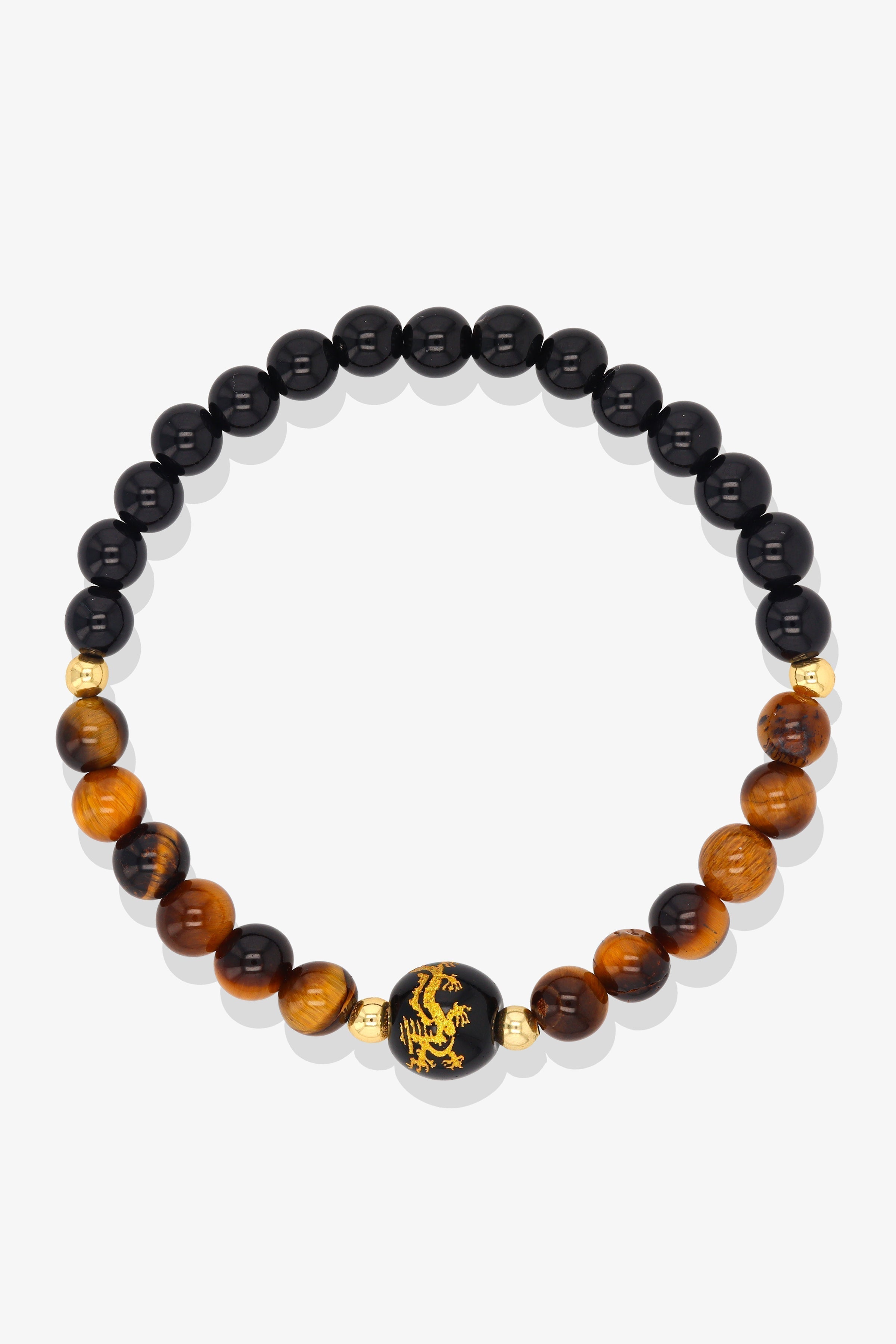 Tiger's Eye and Black Obsidian Lucky Dragon Feng Shui Bracelet REAL Gold - Luck