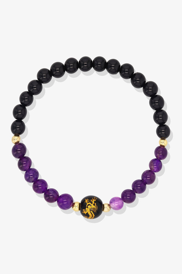 Amethyst and Black Obsidian Lucky Dragon Feng Shui Bracelet REAL Gold - Protection