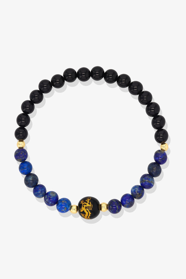 Lapis Lazuli and Black Obsidian Lucky Dragon Feng Shui Bracelet REAL Gold - Wisdom