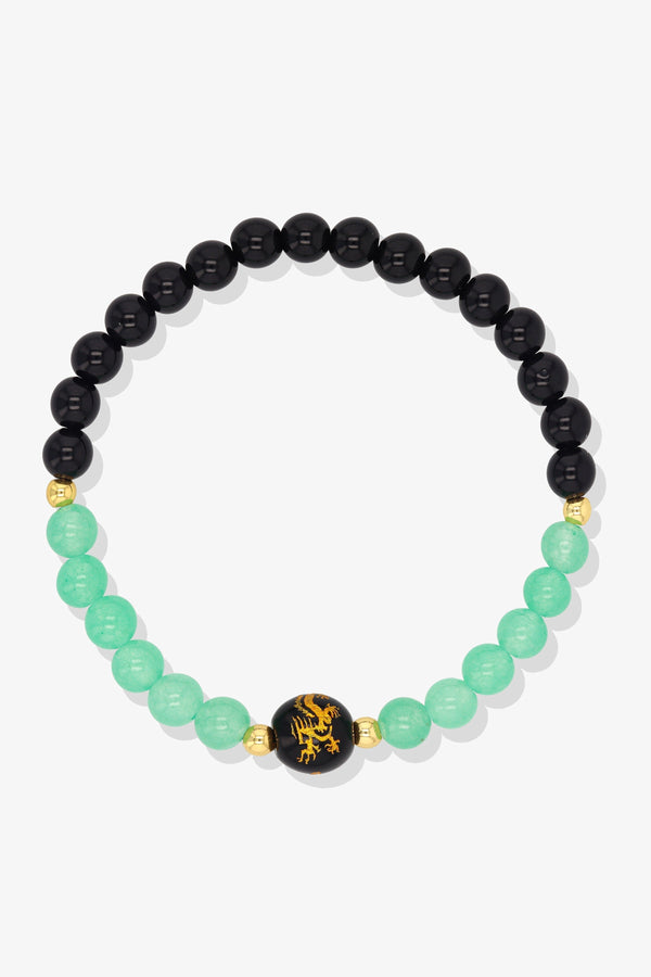 Green Aventurine and Black Obsidian Lucky Dragon Feng Shui Bracelet REAL Gold - Growth