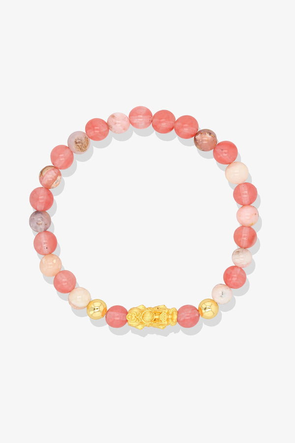 Pink Opal and Cherry Quartz Unlimited Romance 18K Gold Vermeil Pixiu Feng Shui Bracelet