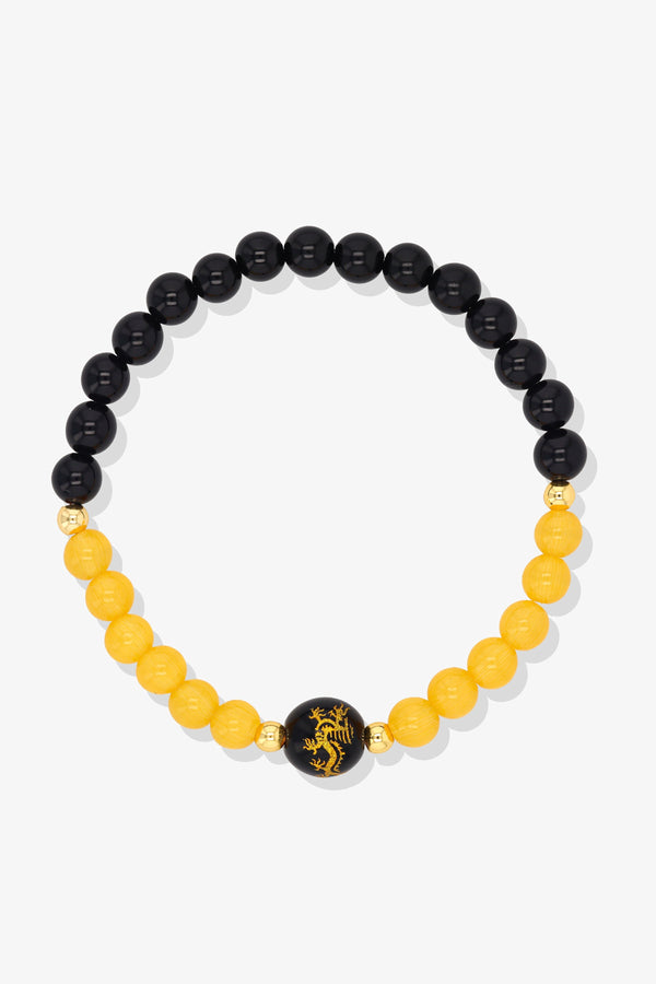 Yellow Calcite and Black Obsidian Lucky Dragon Feng Shui Bracelet REAL Gold - Clarity