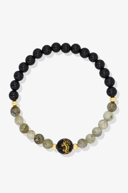 Amethyst and Black Obsidian Lucky Dragon Feng Shui Bracelet REAL Gold - Protection
