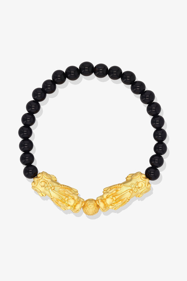 Black Obsidian Mega Money 18k Gold Vermeil Pixiu Feng Shui Bracelet