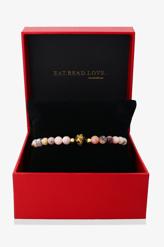 Pink Opal and Black Obsidian Lucky Dragon Feng Shui Bracelet REAL Gold - Compassion