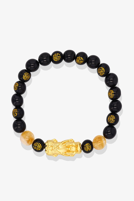 Happiness Black Obsidian 18k Gold Vermeil Pixiu Feng Shui Bracelet