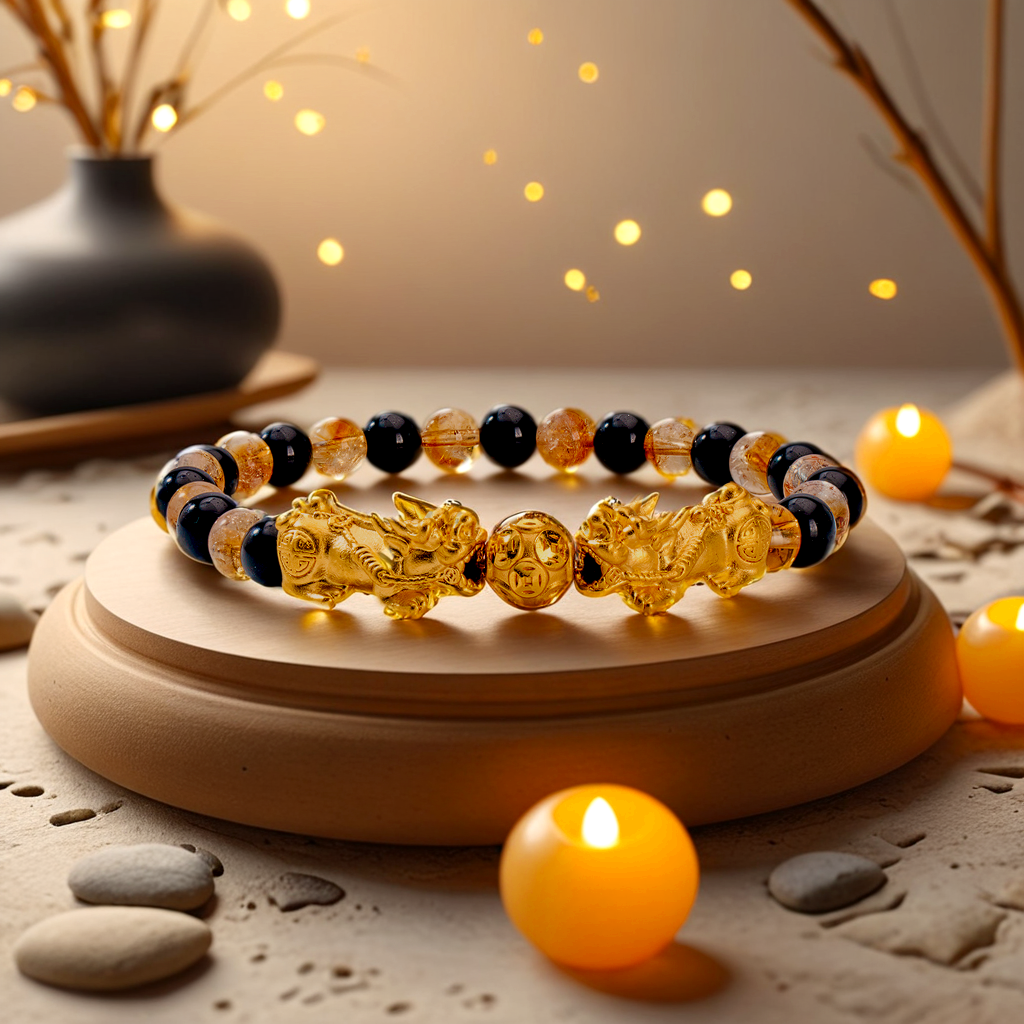 Money Attracting Citrine and Black Obsidian Double Pixiu Bracelet