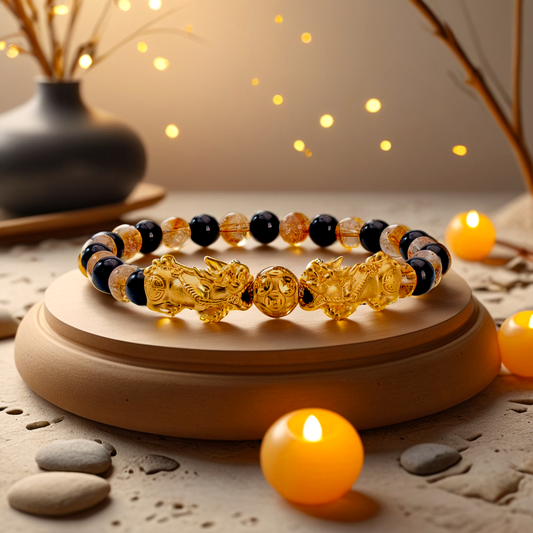 Money Attracting Citrine and Black Obsidian Double Pixiu Bracelet