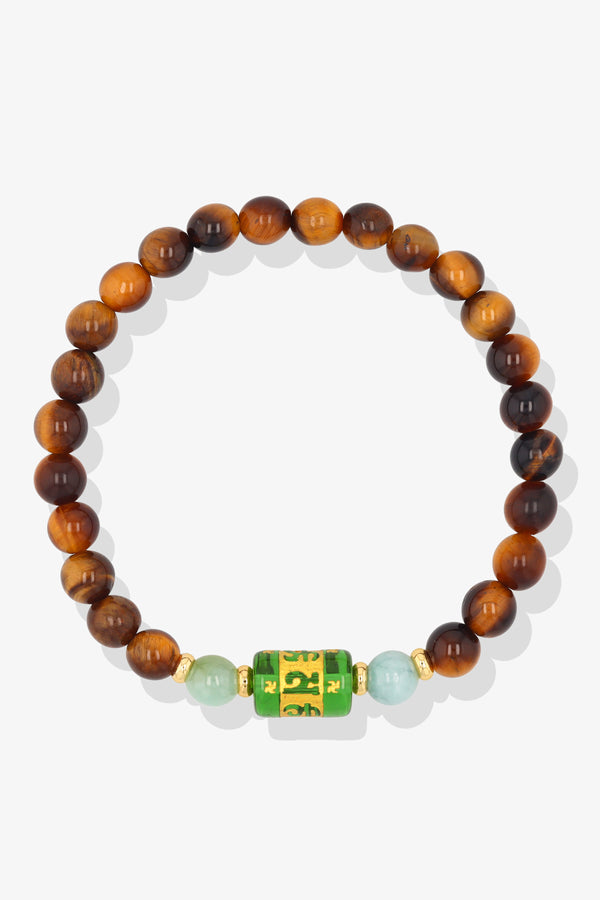 Natural Tigers Eye and Jade Mantra Prayer Feng Shui Bracelet