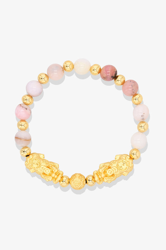 Forever Fortune 18K Gold Vermeil Double Pixiu Pink Opal Bracelet