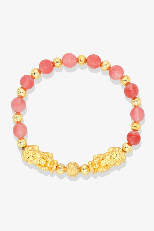 Forever Fortune 18K Gold Vermeil Double Pixiu Pink Opal Bracelet