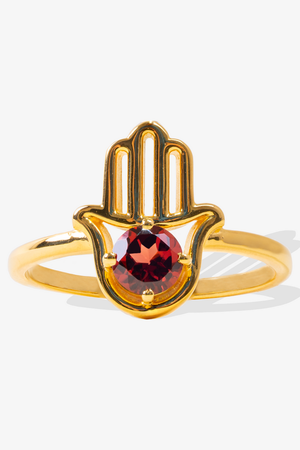 Genuine Garnet Hamsa 18k Gold Vermeil Ring