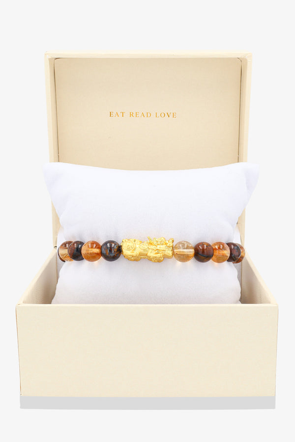 Tigers Eye and Citrine 14K Real Gold Pixiu Luck Bracelet